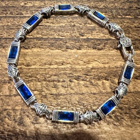 Boho Chic Woven Retro Blue Crystal CZ, Silver Link Bracelet, Lobster Clasp, Gift Box